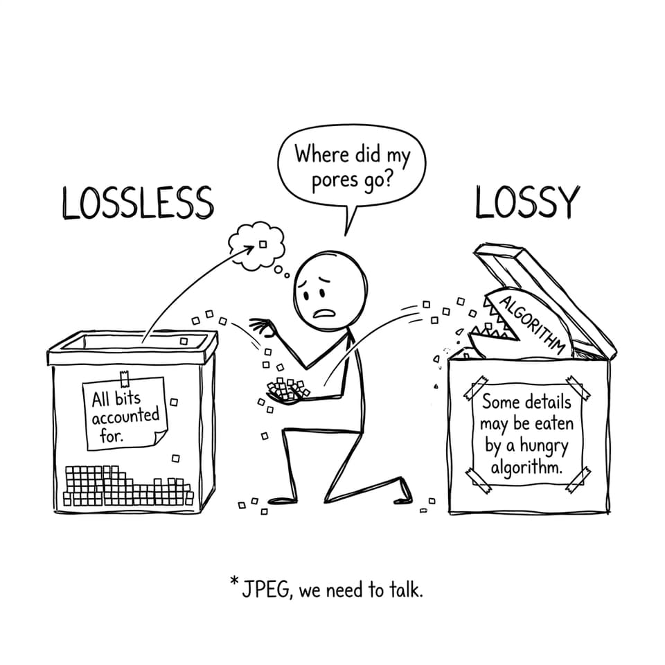 Two bins titled Lossless and Lossy; the lossy bin has a sign: Some details may be eaten by a hungry algorithm.