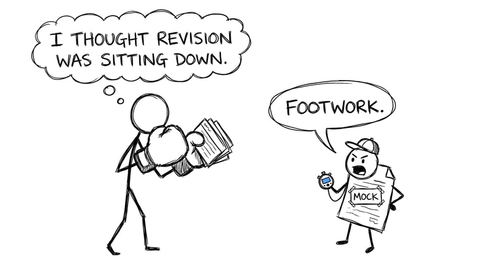 A mock exam coaches an IB student wearing flashcard boxing gloves