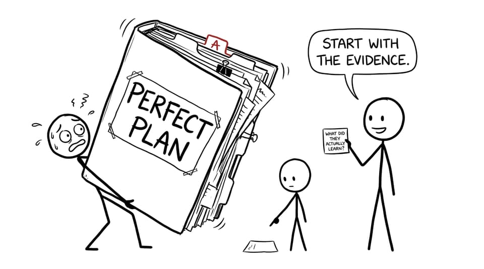 Comic showing an overloaded first-year IB teacher carrying a perfect plan while an experienced teacher asks what students actually learned