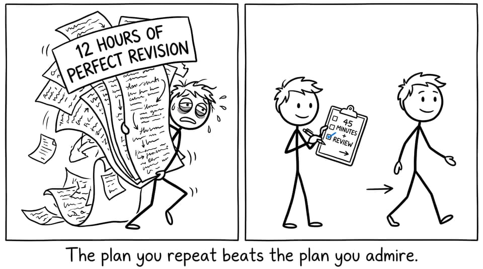 XKCD-style comic showing why a repeatable study plan beats an unrealistic timetable