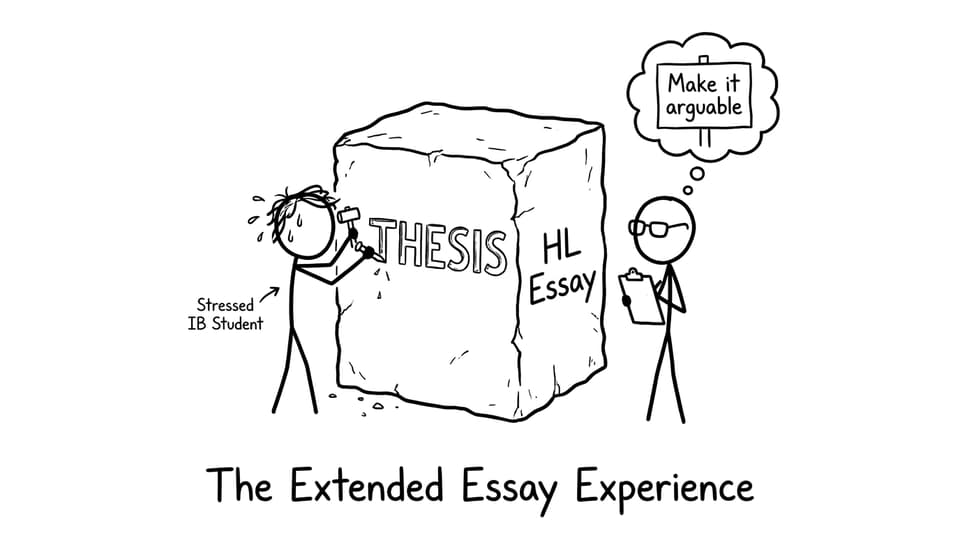 An IB student chisels “THESIS” out of an HL Essay block