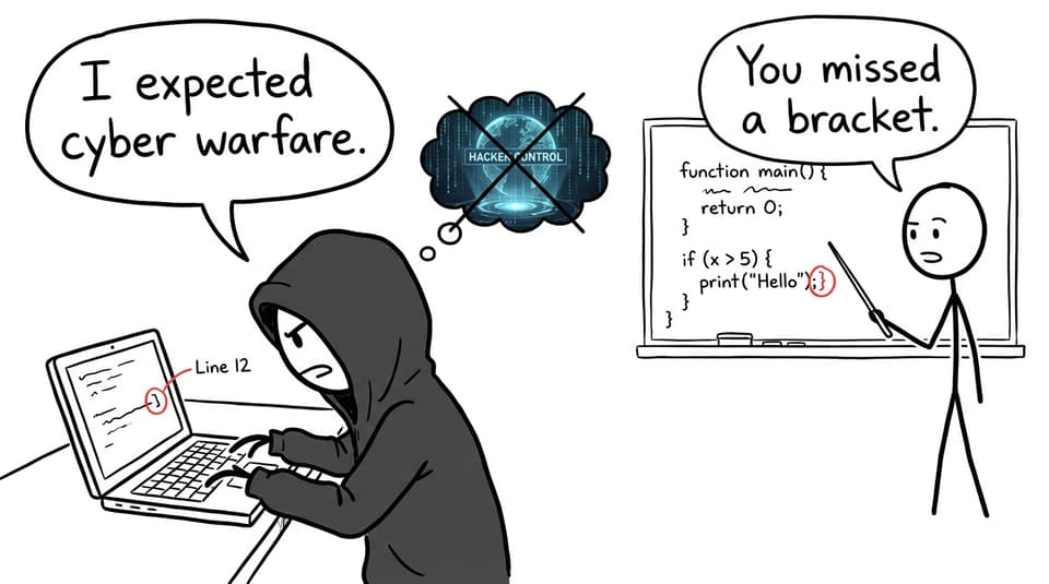 Comic showing a student expecting cyber warfare but encountering a missing bracket