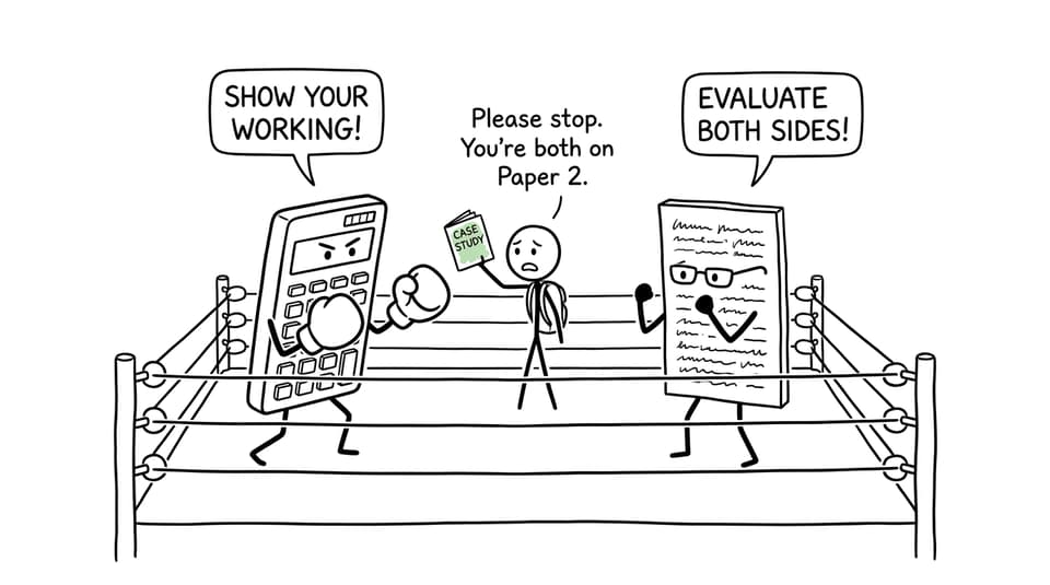 A calculator and an evaluative paragraph argue over Paper 2