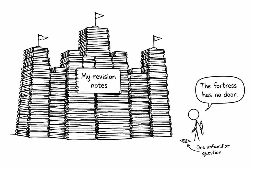 A student faces a fortress of revision notes with no entrance while holding one unfamiliar question
