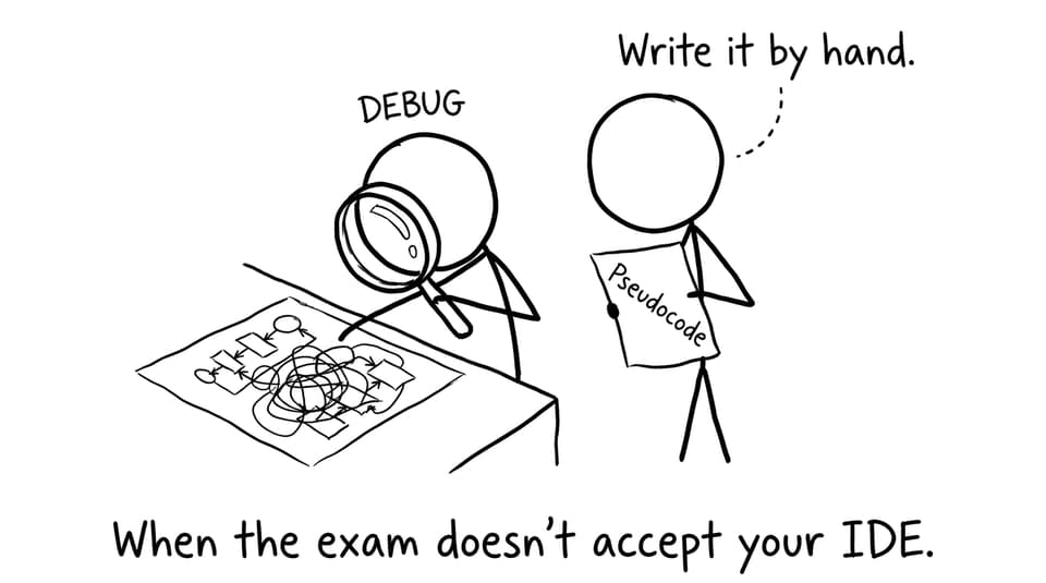 A student trying to debug a flowchart while someone whispers “Write it by hand”