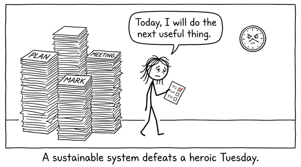 A new teacher calmly facing three impossible stacks of planning, marking, and meetings