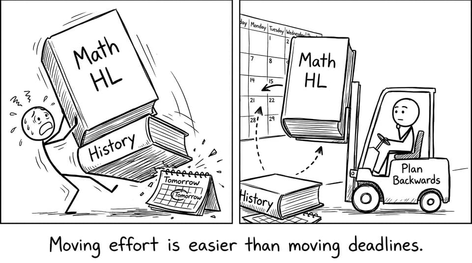 Books topple onto a calendar while a forklift labeled Plan Backwards saves the day