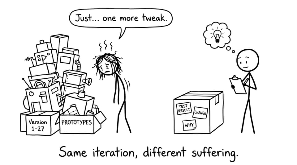 Two students: one drowning in “Version 1-27,” one calmly labeling “Test result, Change, Why”