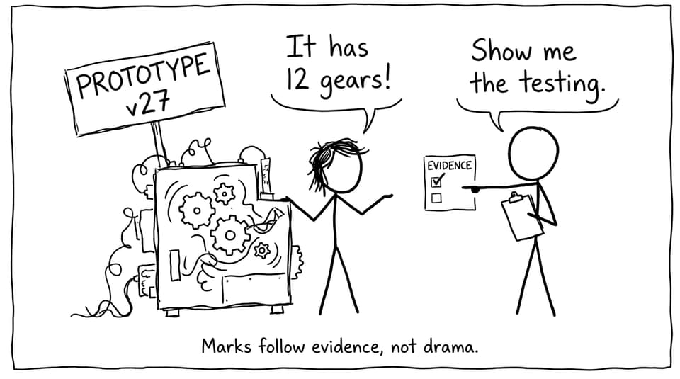 Student with over-engineered prototype vs evidence checklist