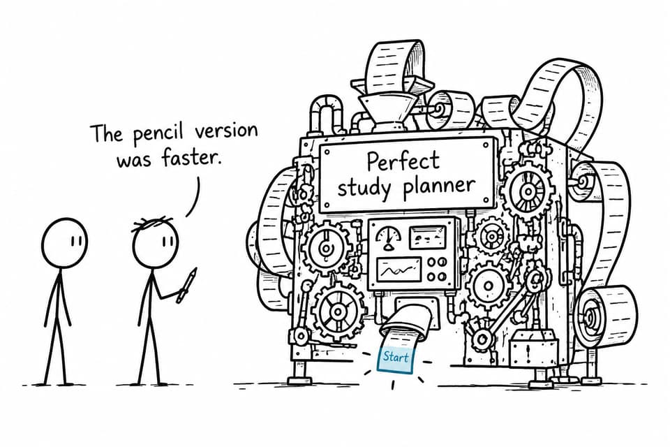 Two students watch an enormous study-planning machine produce a tiny instruction to start, while one observes that a pencil was faster