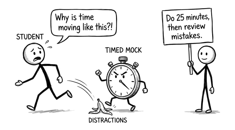 A stopwatch labeled Timed Mock chasing a student