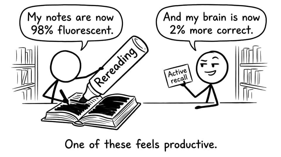 Comic: highlighting textbook vs flashcard active recall
