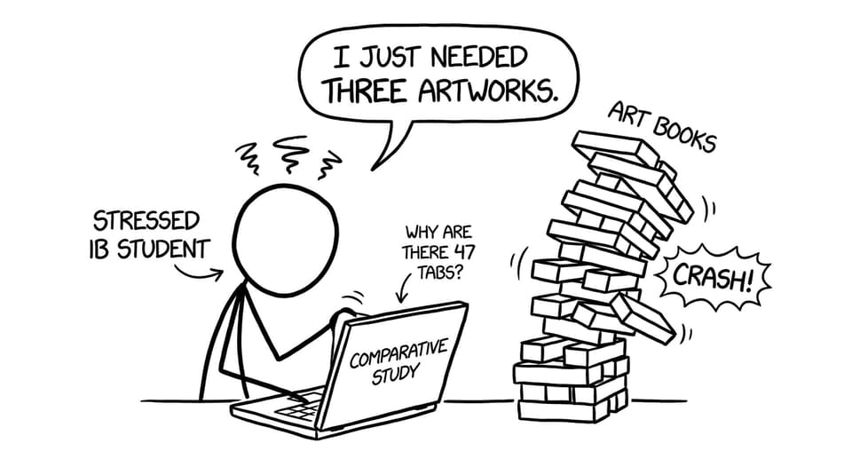 A tower of art books collapses like Jenga as a student opens a laptop labeled Comparative Study