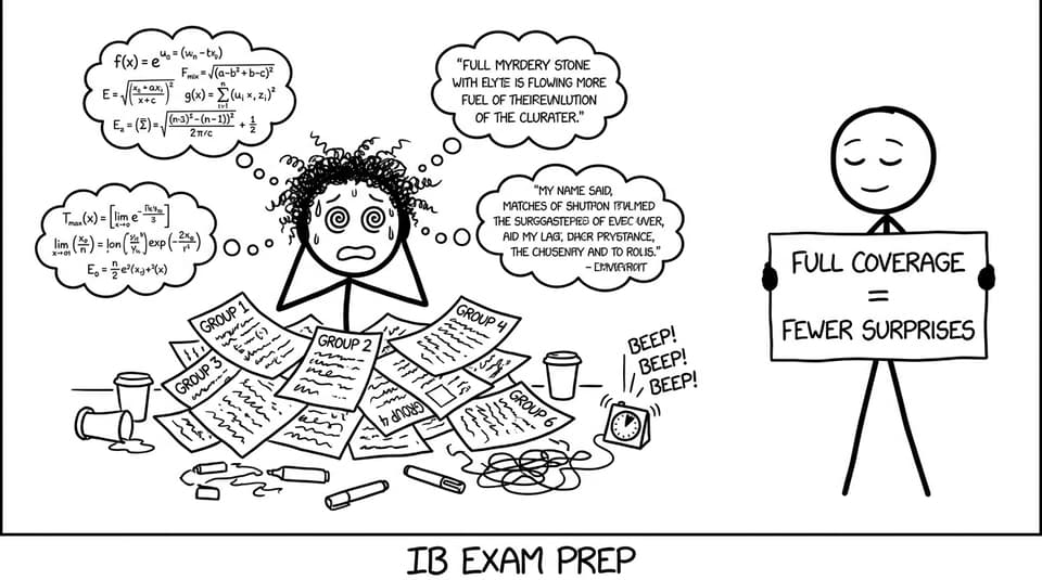 Stick figures juggling six subjects in chaos