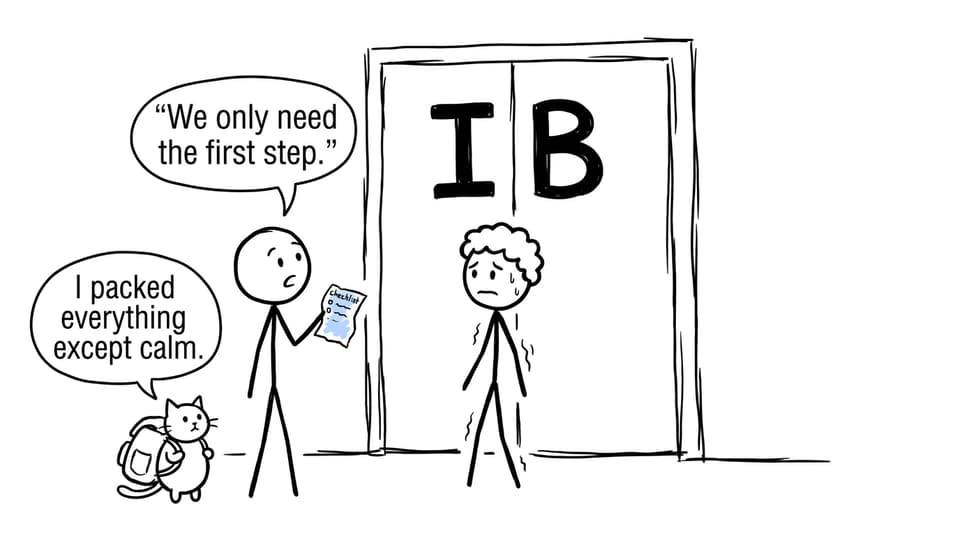 A student and parent approach the enormous IB door one small step at a time