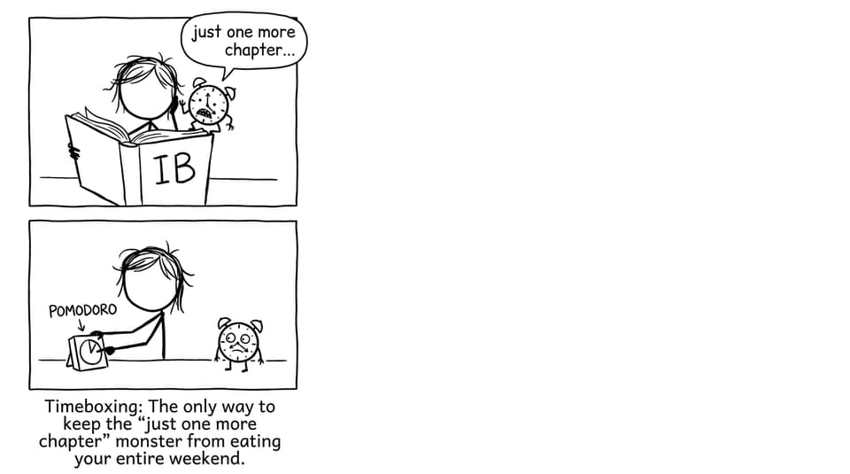 A stick-figure timer defeats the clock monster