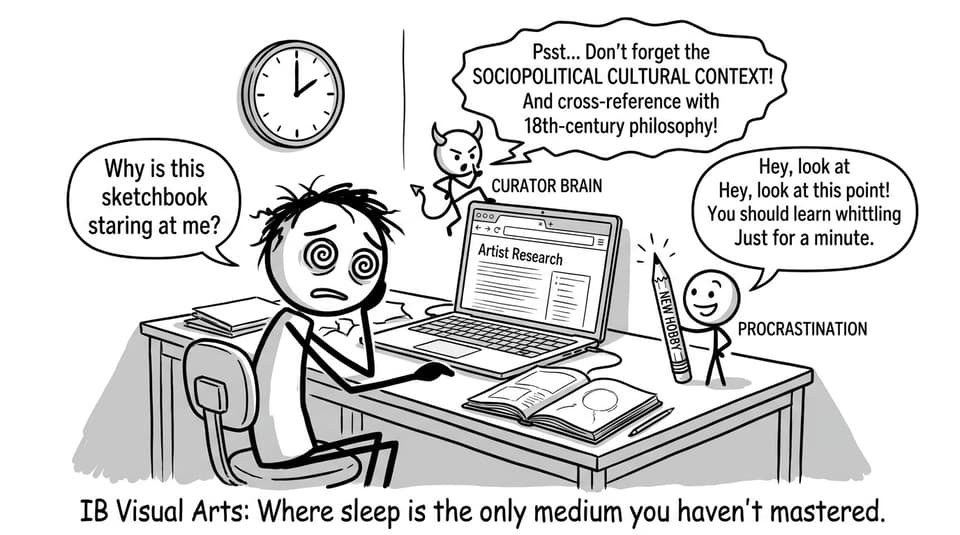 A stressed IB Visual Arts student vs research gremlins