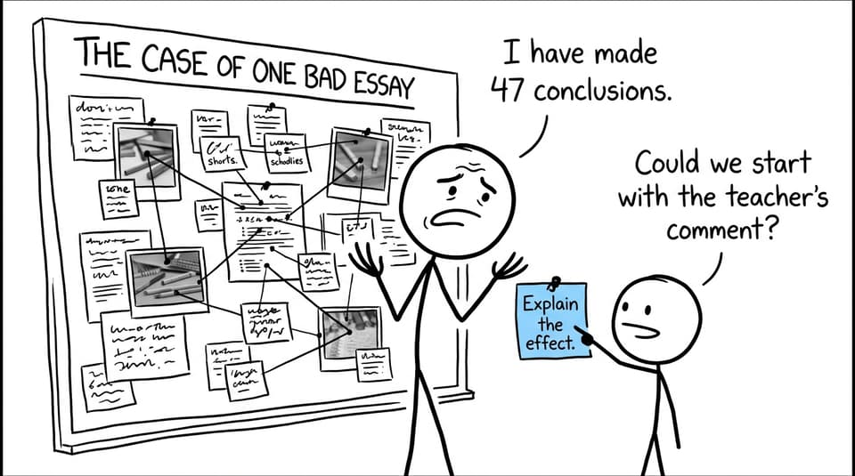 A parent overinterprets one difficult essay while a child suggests reading the teacher's comment