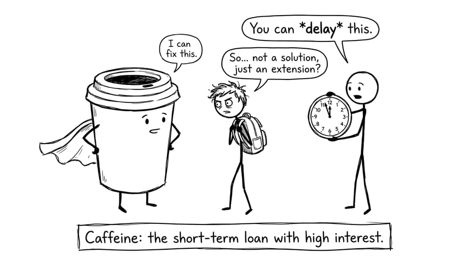 Coffee cup superhero joke about delaying problems