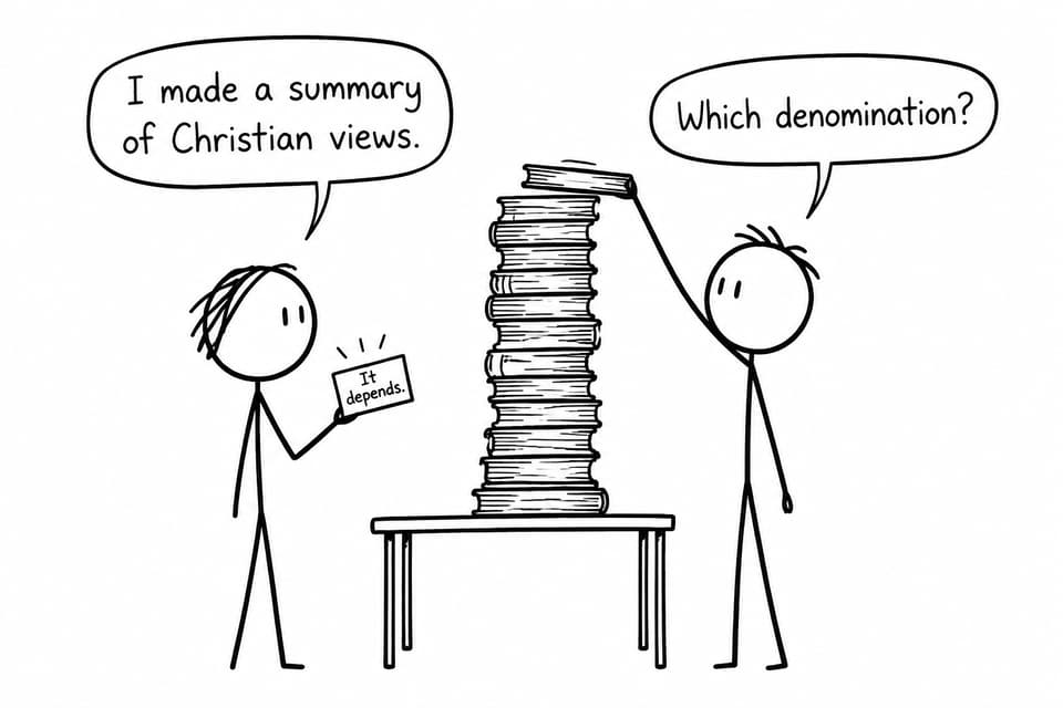 Two students confront a towering stack of books while a summary card notes that Christian views depend on denomination.