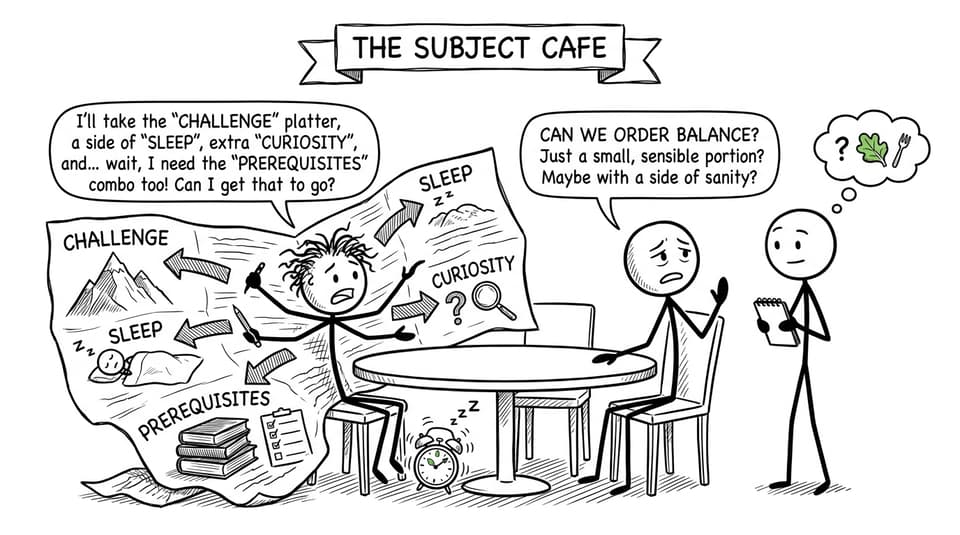 A family trying to order a balanced IB subject combination at a comic cafe