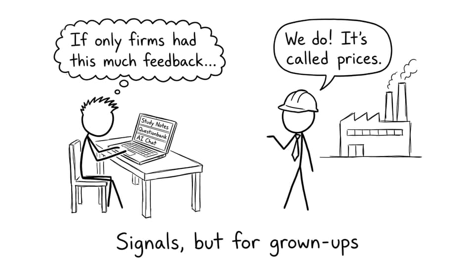 Student with laptop tabs Study Notes, Questionbank, AI Chat comparing feedback to price signals