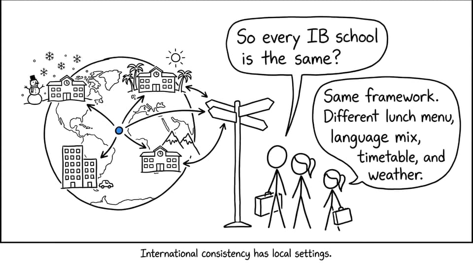 Comic about the shared IB framework and different local school experiences