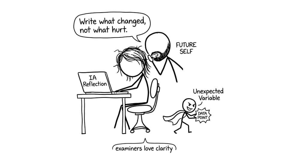 An IB student writing an IA reflection while an unexpected variable steals data