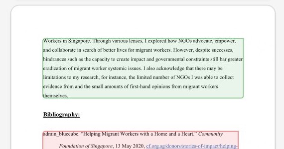 Grade 7 Global Politics HL exemplar on migrant workers in Singapore, qualifying its conclusion through research limitations.