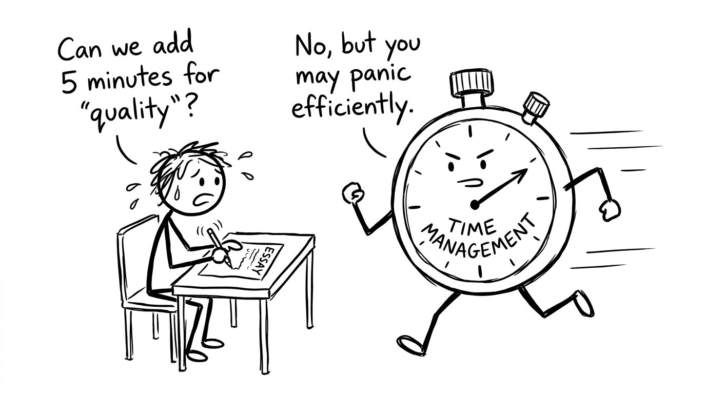 Stopwatch negotiating with a student writing an essay