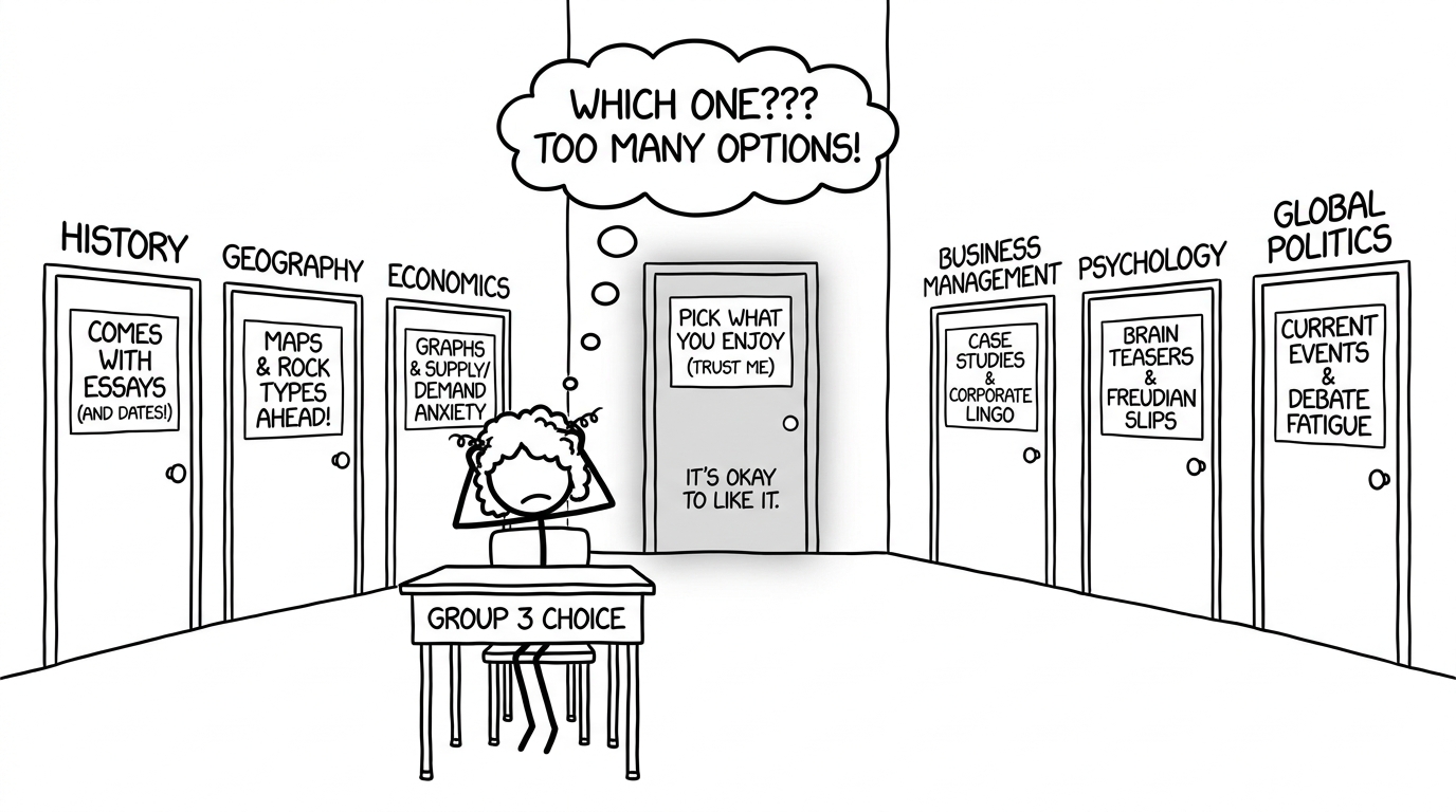 A student choosing between Group 3 doors