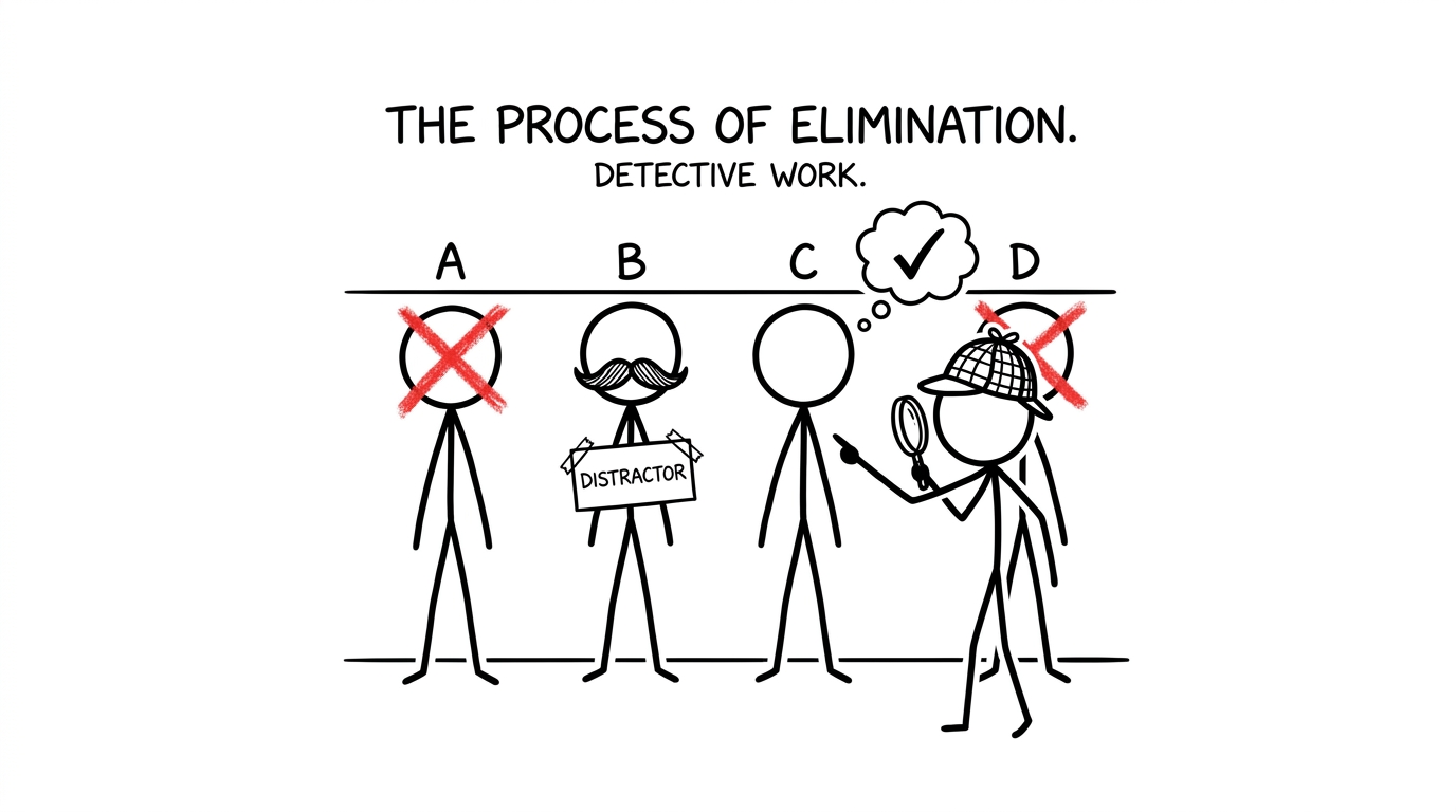 Multiple-choice suspects lined up, one labeled “Distractor”