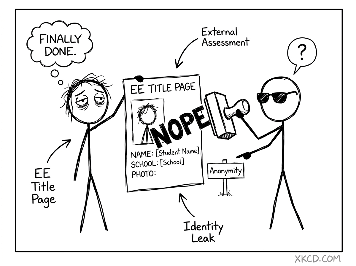 Stick-figure examiner stamping NOPE on identity leak