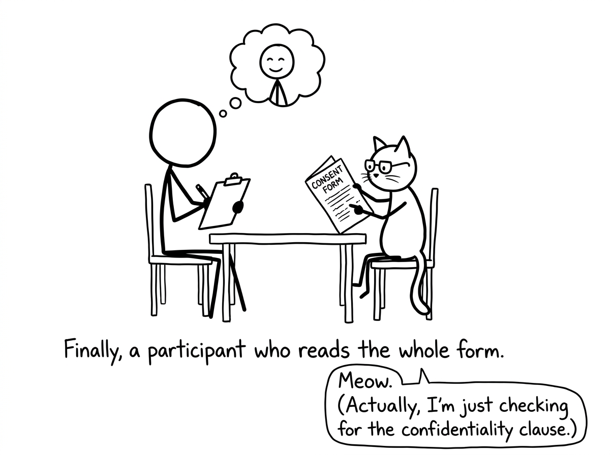 Cat participant reads consent form