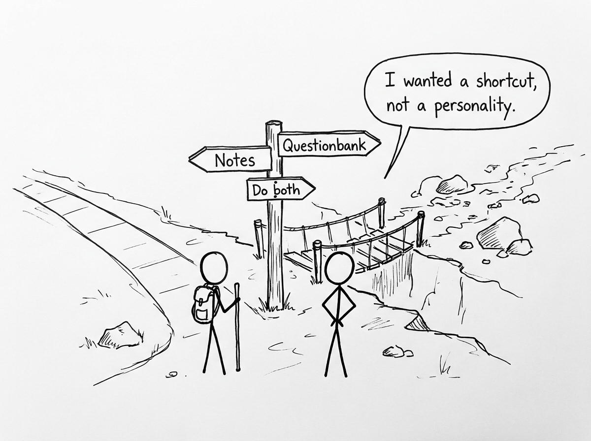 A hiking signpost joke about balancing Notes and Questionbank
