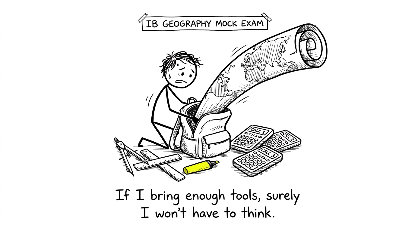 A student packing for a mock exam like an expedition