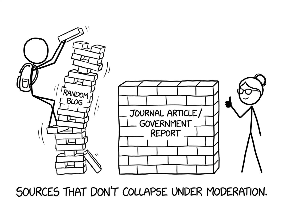 Jenga tower of “Random Blog” vs brick wall sources
