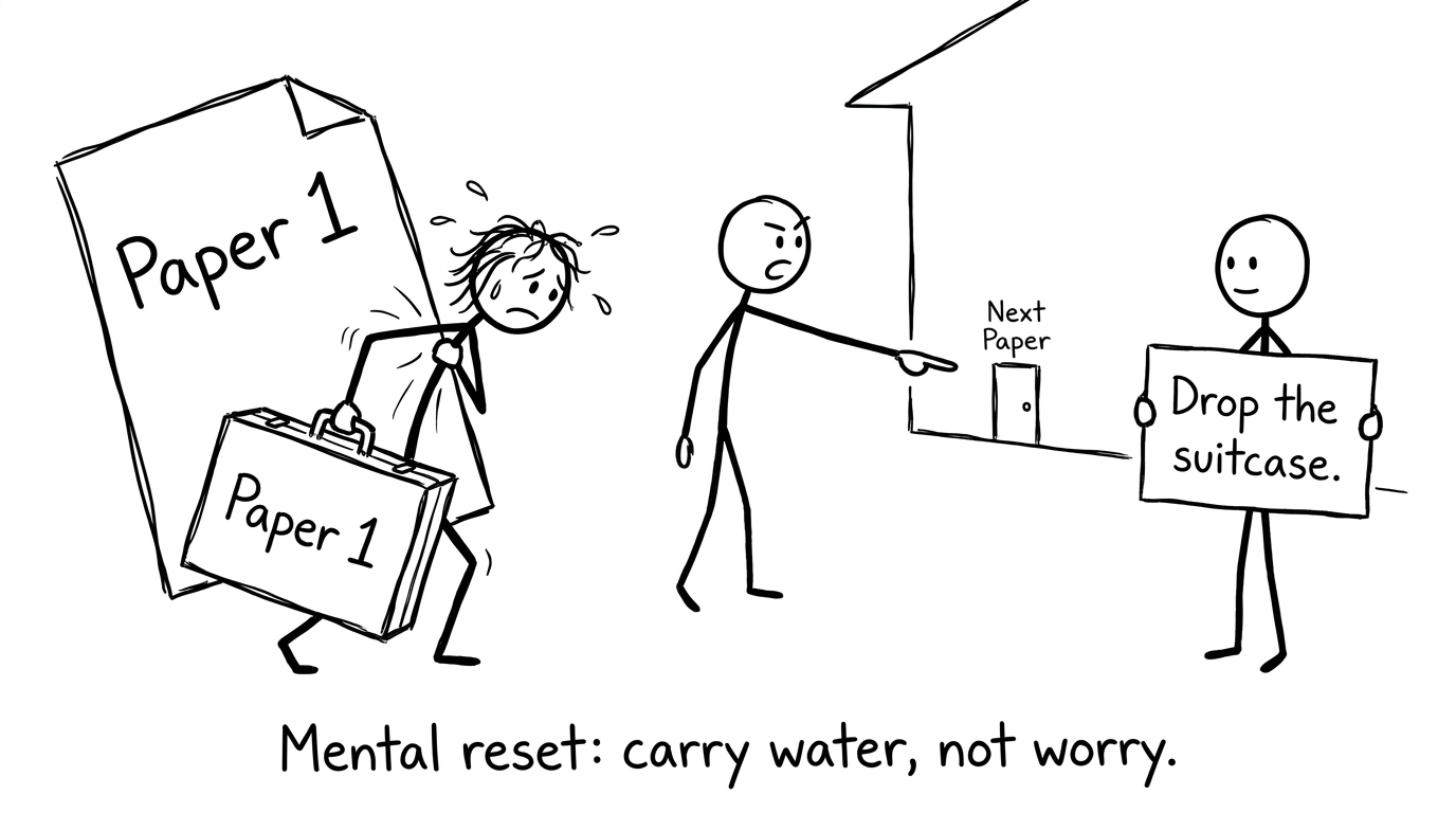 A student dropping the “Paper 1” suitcase