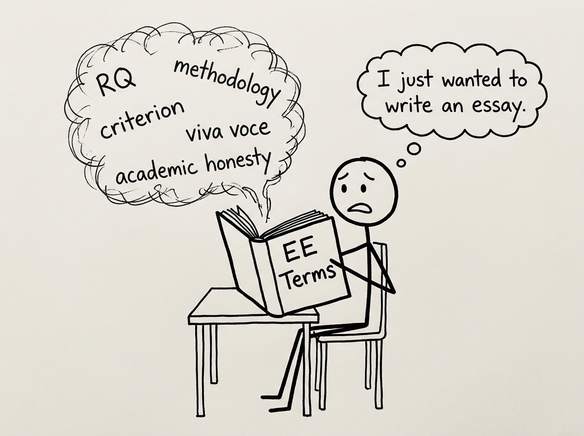 A student opens an “EE Terms” book and jargon floats out
