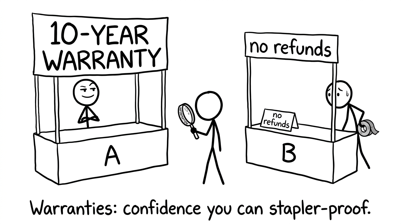 Two stalls: long warranty vs no refunds