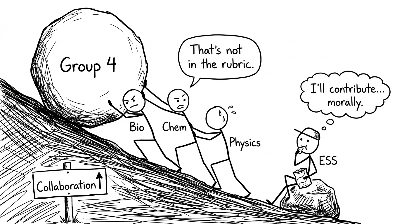 Four science students pushing a boulder labeled Group 4