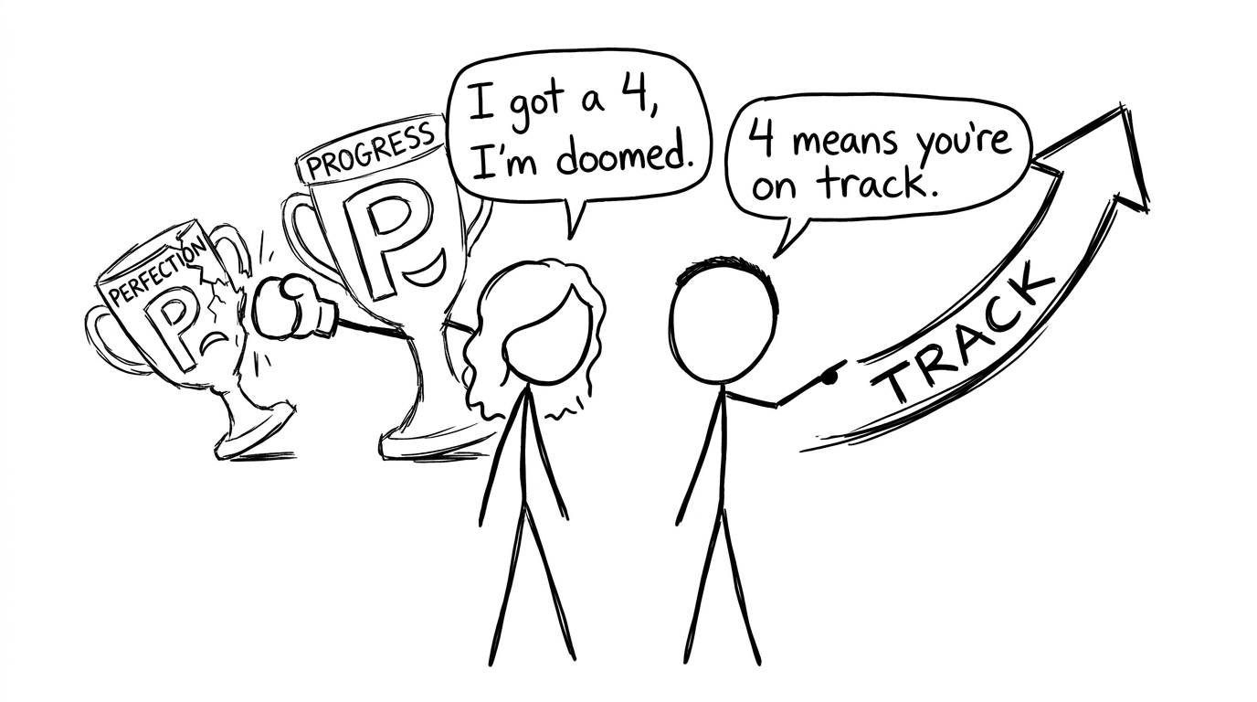 Two students arguing about a 4 while “Progress” wins