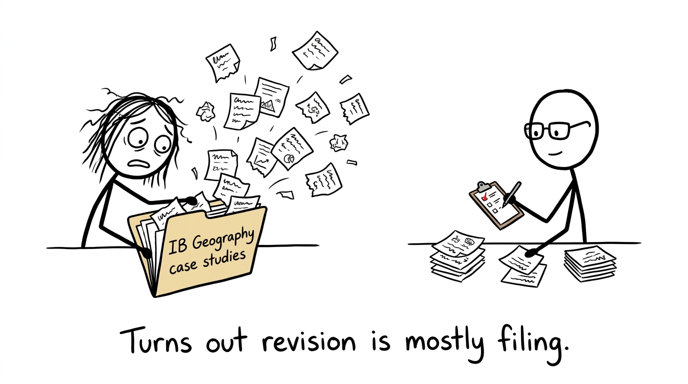 A chaotic case study folder meets a calm checklist