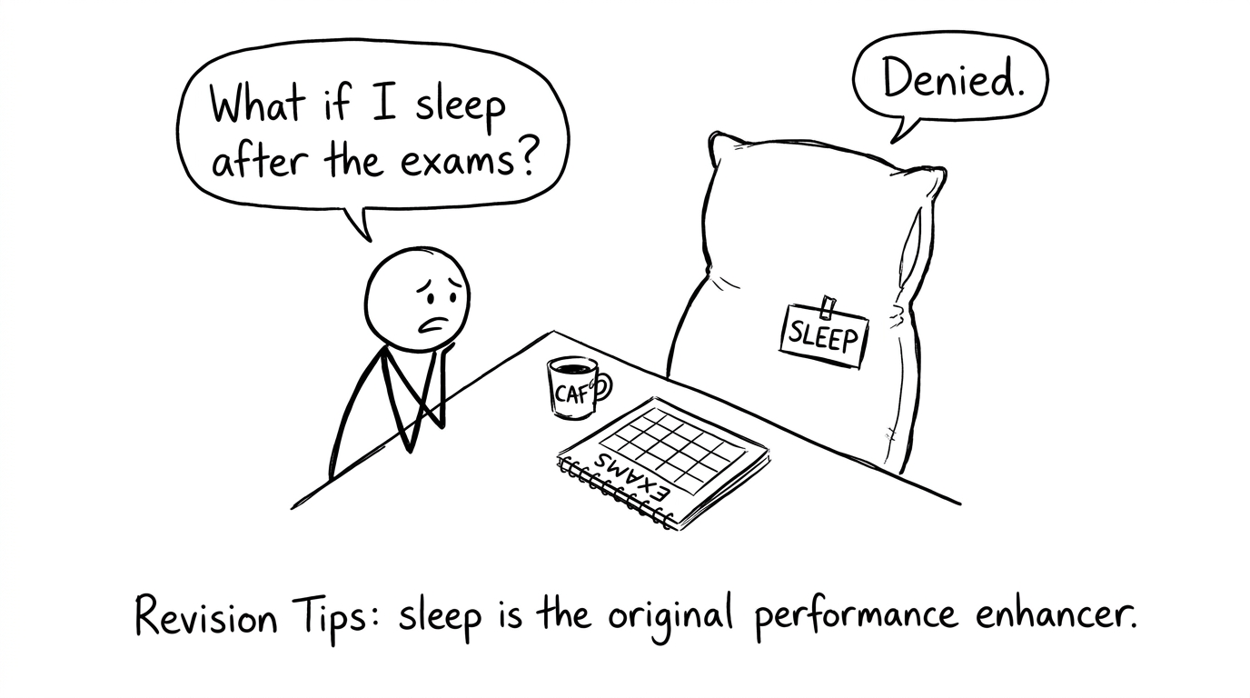 A student negotiates with a giant pillow labeled SLEEP