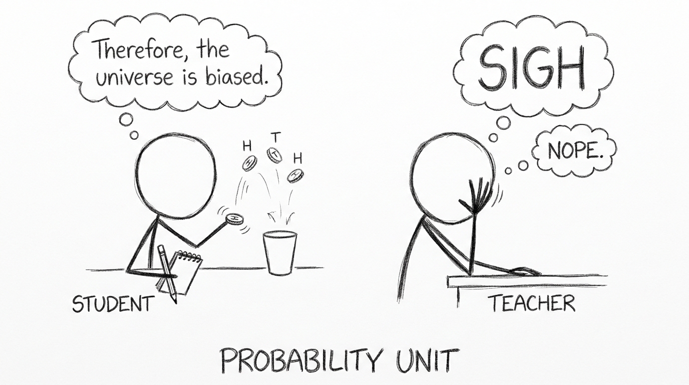 A student declares the universe biased after three coin flips