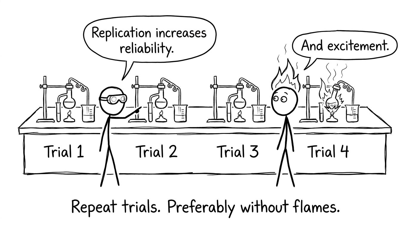 Repeat trials, preferably without flames