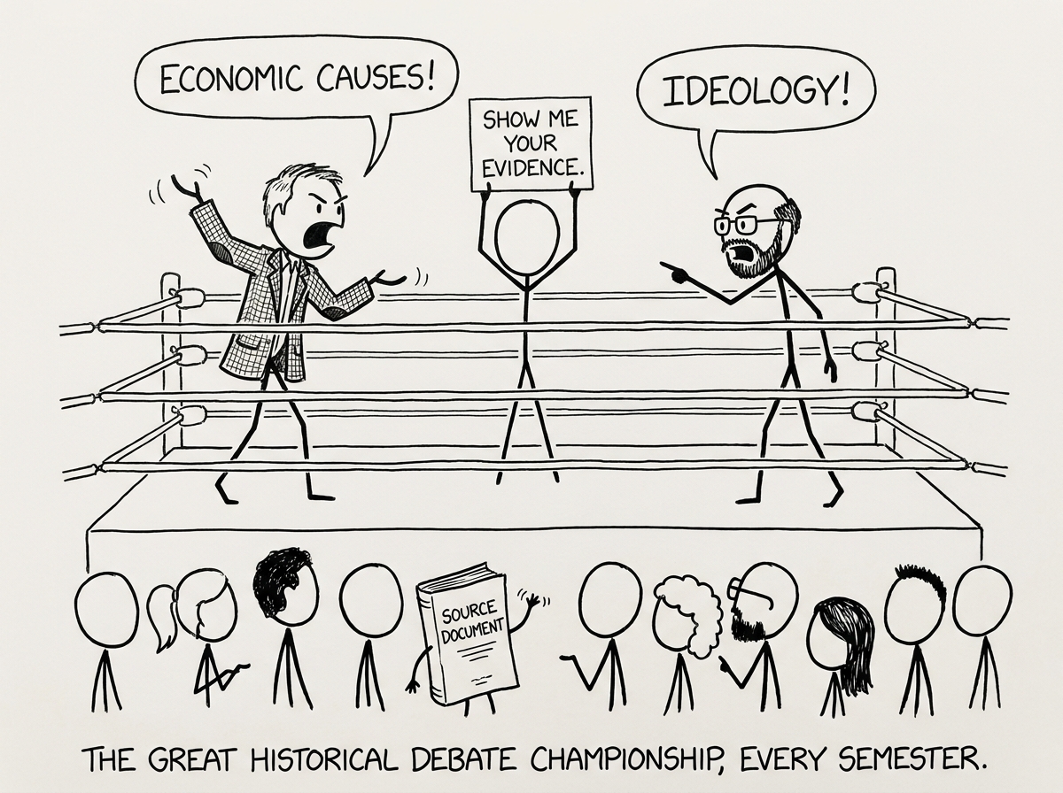 Two historians debating while student asks for evidence