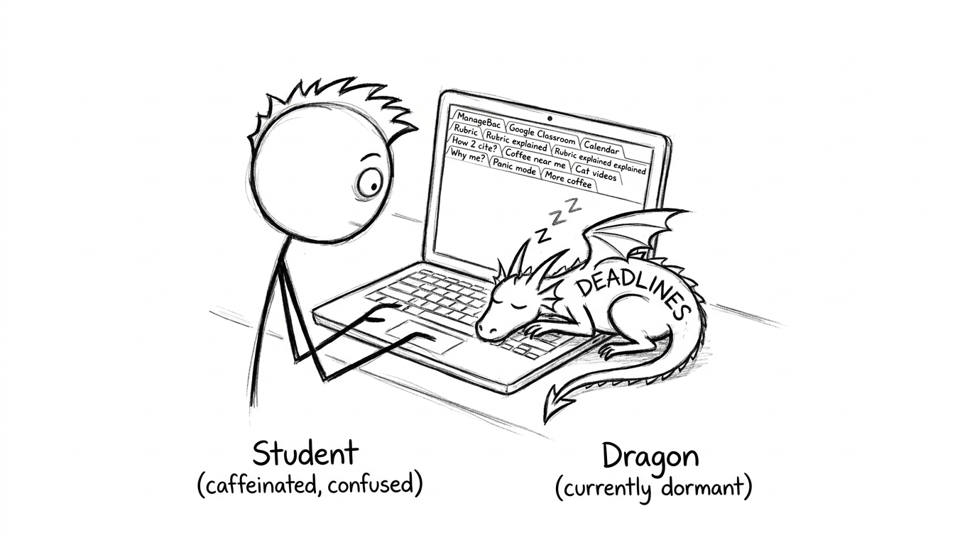 A student with too many school platform tabs and a deadlines dragon