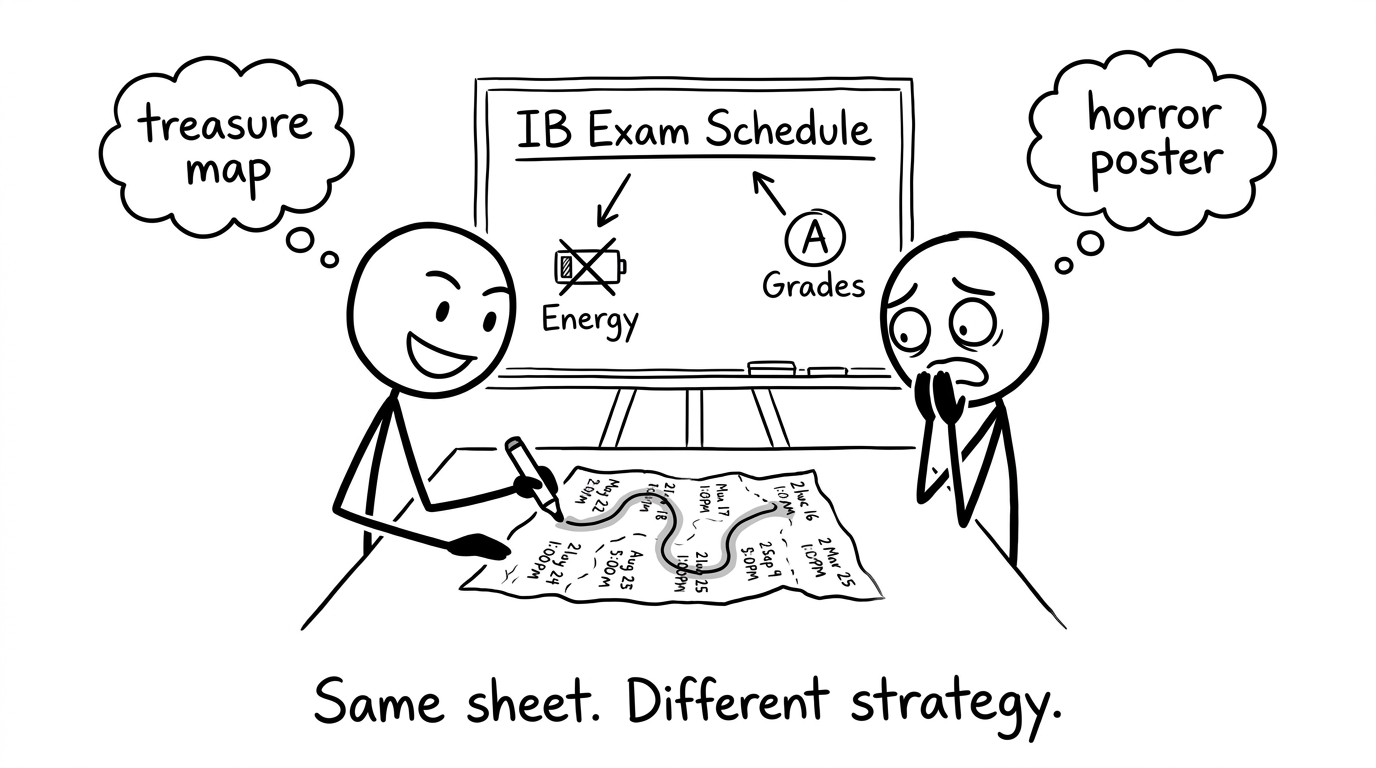 Two students react to the IB exam schedule like a treasure map vs horror poster