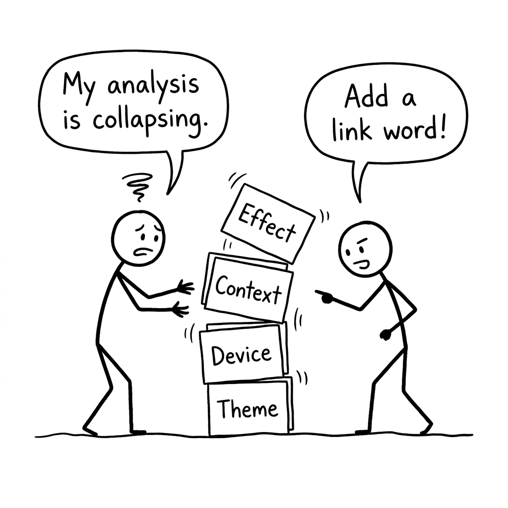 A funny stick-figure tower of analysis blocks wobbling